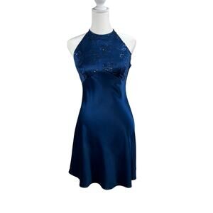 VTG Zum Zum Blue Satin Sequin Dress JR 5/6 90s Halter Mini Embroidered Open Back